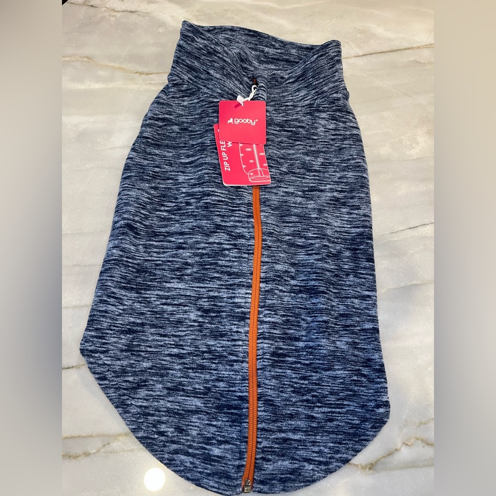 NWT Gooby zip up fleece for dogs in blue/gray, orange zipper, size 2XL